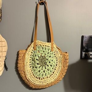 Woven Round Straw Tote Bag - Green and Tan